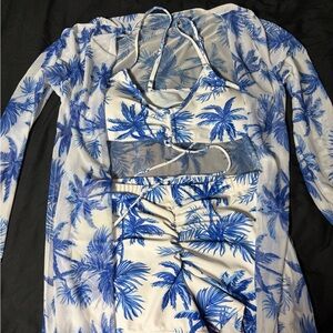 Blue and White Tropical Print Swimsuit Cover-Up Set